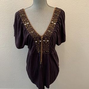 Anthropologie Purple Boho Embellished Top Medium Tassels  RARE FEW LOOSE THREADS